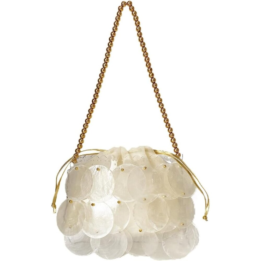 Women Fashion Shell Woven Handbag Beach Bag Beaded Chain for Summer Travel Parti